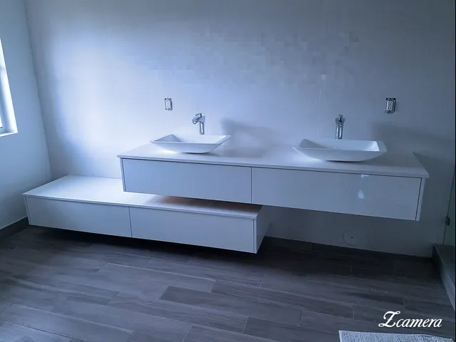 Custom bathroom vanity with quartz top, built in Miami workshop